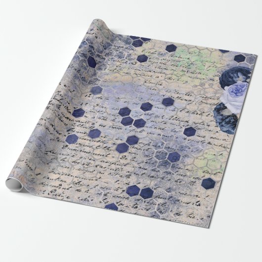 -Romantische blauwe-bijenbloemen Cadeaupapier (Uitgerold)