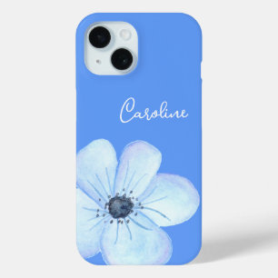Romantische Blauwe Bloem Aquarel Aangepaste Naam iPhone 15 Case