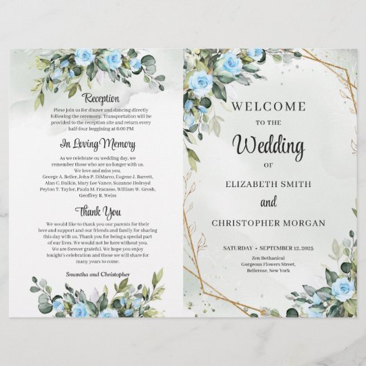 Romantische Blauwe bloemen en eucalyptus en goud (Voorkant)