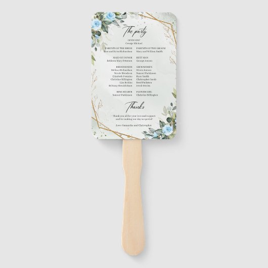 Romantische Blauwe bloemen en eucalyptus gouden br Handwaaier (Achterkant)