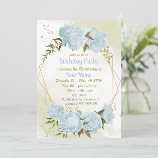 romantische blauwe bloemen geometrische verjaardag kaart (Staand voorkant)