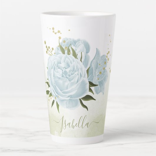 Romantische blauwe bloemen & groene bladeren botan latte mok (Voorkant)