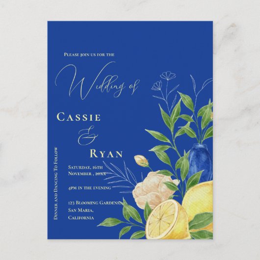 Romantische Blauwe Bloemen Lemon bruiloft uitnodig Briefkaart (Voorkant)