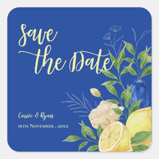 Romantische Blauwe Bloemen Lemon Wedding Save the  Vierkante Sticker (Voorkant)