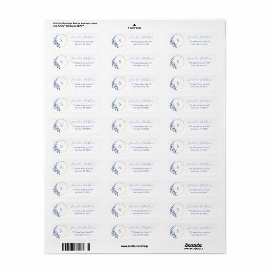 Romantische blauwe bloemen monogram label (Full Sheet)