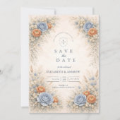Romantische Blauwe Bloemige Bruiloft Save The Date (Voorkant)