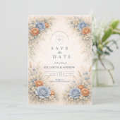 Romantische Blauwe Bloemige Bruiloft Save The Date (Staand voorkant)