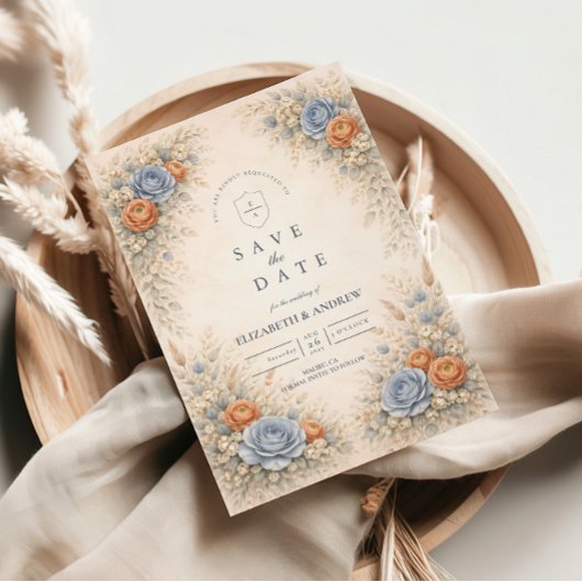 Romantische Blauwe Bloemige Bruiloft Save The Date