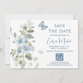 Romantische blauwe bloemige foto QR-code bruiloft Save The Date (Voorkant)