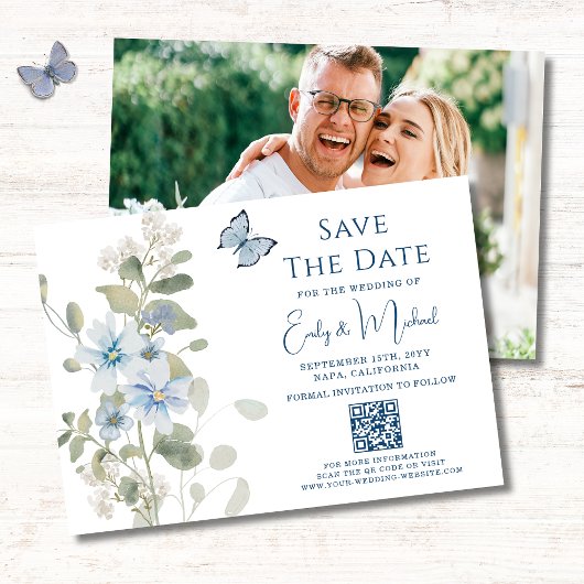 Romantische blauwe bloemige foto QR-code bruiloft Save The Date