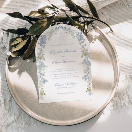 Romantische Blauwe Bloemige Monogram All-in-One Tr Kaart