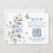 Romantische Blauwe Bloemige QR Code Huwelijksreact RSVP Kaartje (Voorkant)