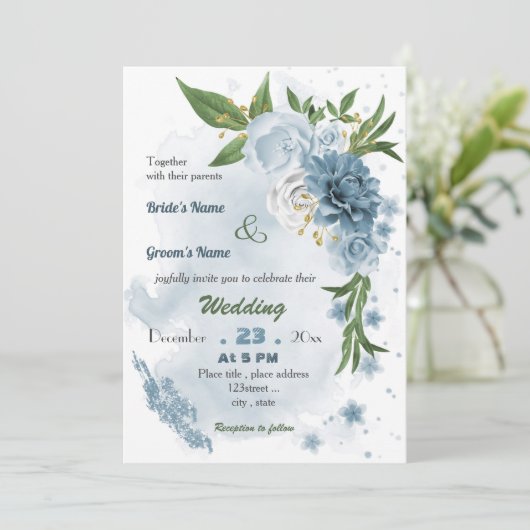 romantische blauwe bruiloft kaart (Staand voorkant)