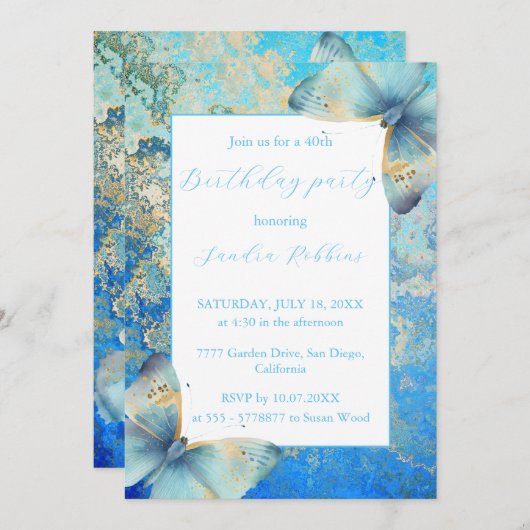 Romantische blauwe en witte vlinders Verjaardag Kaart (Voorkant / Achterkant)