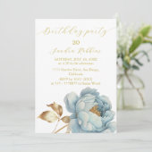 Romantische blauwe gouden bloem Verjaardag Uitnodi Kaart (Staand voorkant)