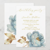 Romantische blauwe gouden bloem Verjaardag Uitnodi Kaart (Voorkant / Achterkant)