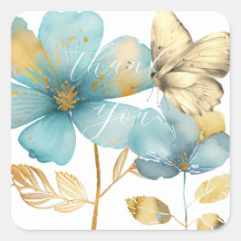 Romantische blauwe gouden bloemen dank u vierkante sticker