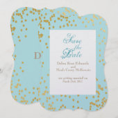 Romantische Blauwe Gouden Confetti Save The Date Kaart (Voorkant / Achterkant)