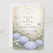 Romantische Blauwe Hortensia Bruiloft Save The Date (Voorkant)