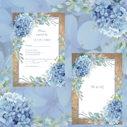 Romantische Blauwe Hortensia Monogram bruiloft RSVP Kaartje