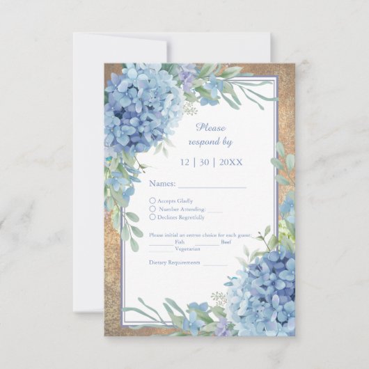 Romantische Blauwe Hortensia Monogram bruiloft RSVP Kaartje (Voorkant)