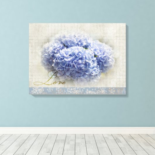 Romantische Blauwe Hortensia's Canvas Afdruk (Insitu (Houten vloer))