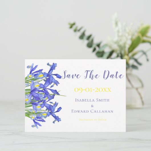 Romantische Blauwe Irissen Bloemen Waterverf Bruil Save The Date (Staand voorkant)