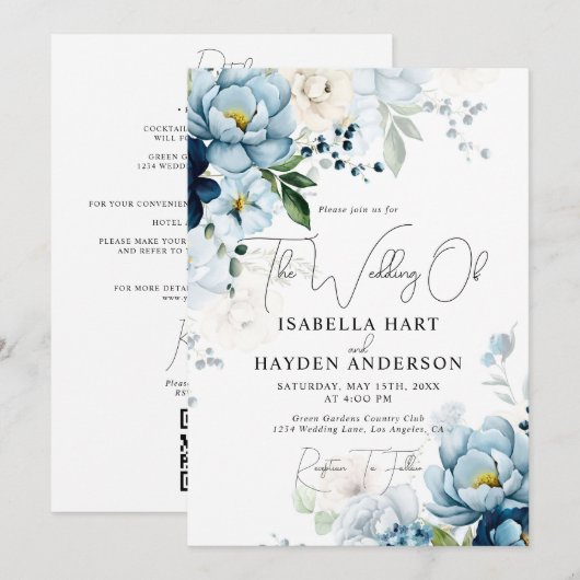 Romantische Blauwe Marine Bloemen Alles in 1 QR Co Kaart (Voorkant / Achterkant)