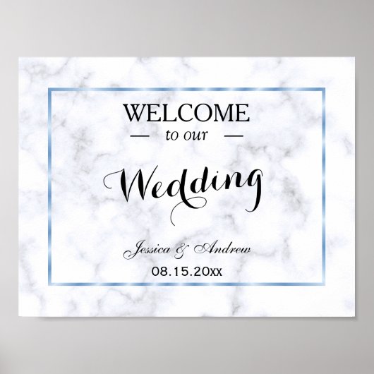 Romantische Blauwe Marmeren Bruiloft Poster (Voorkant)