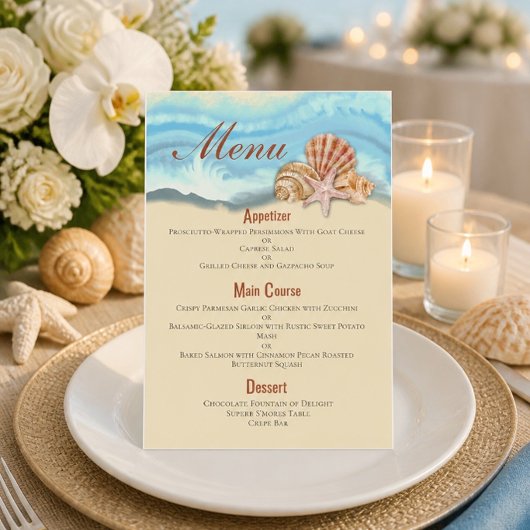 Romantische blauwe oceaangolf en schelpen bruiloft menu