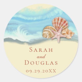 Romantische blauwe oceaangolf- en schelpentrouwdag ronde sticker