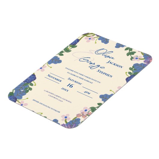 Romantische blauwe paarse bloemen bruiloft uitnodi magneet (Linkerzijde)