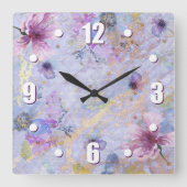  romantische blauwe paarse waterverf vierkante klok (Voorkant)