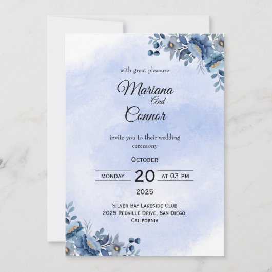 Romantische blauwe pioen bruiloft uitnodiging (Voorkant)