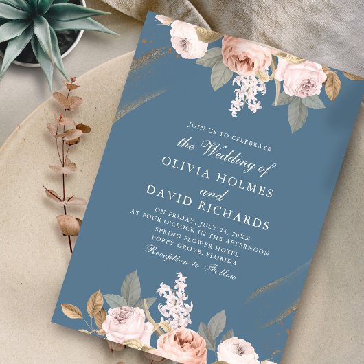 Romantische blauwe pioenen bruiloft uitnodiging