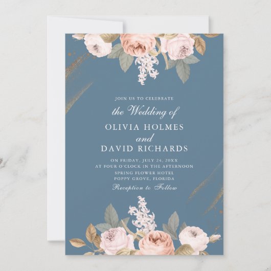 Romantische blauwe pioenen bruiloft uitnodiging (Voorkant)