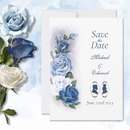 Romantische Blauwe Regency Gay Botanische Silhouet Save The Date