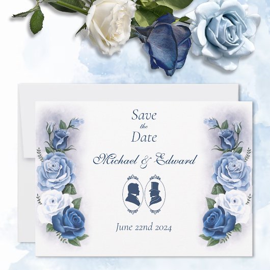 Romantische Blauwe Regency HBT Botanische Silhouet Save The Date