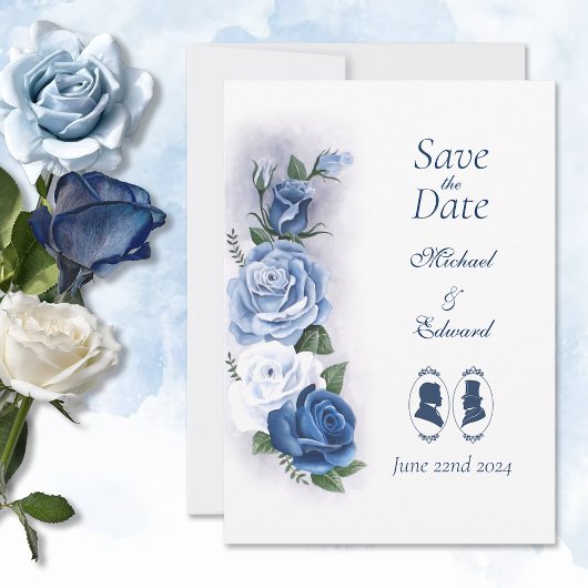 Romantische Blauwe Regency HBT Botanische Silhouet Save The Date