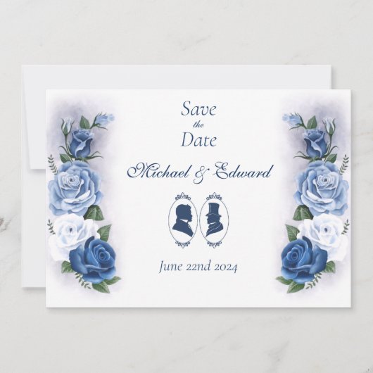 Romantische Blauwe Regency Heren Botanische Silhou Save The Date (Voorkant)