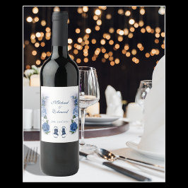 Romantische Blauwe Regency Heren Botanische Silhou Wijn Etiket