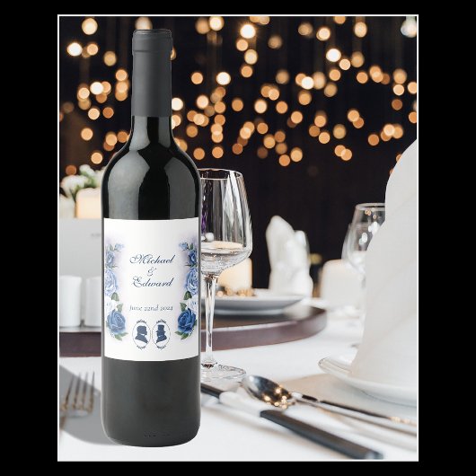 Romantische Blauwe Regency Heren Botanische Silhou Wijn Etiket