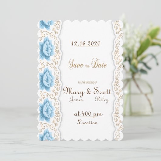 Romantische Blauwe Roze Gouden Swirl Save The Date (Staand voorkant)