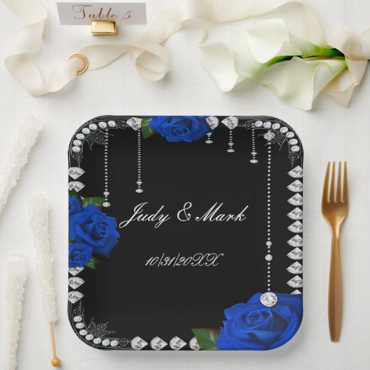 Romantische blauwe Rozen en diamanten Papieren Bordje (Huwelijk)