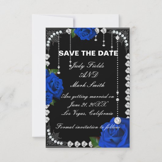 Romantische blauwe Rozen en diamanten slaan de dat Save The Date (Voorkant)