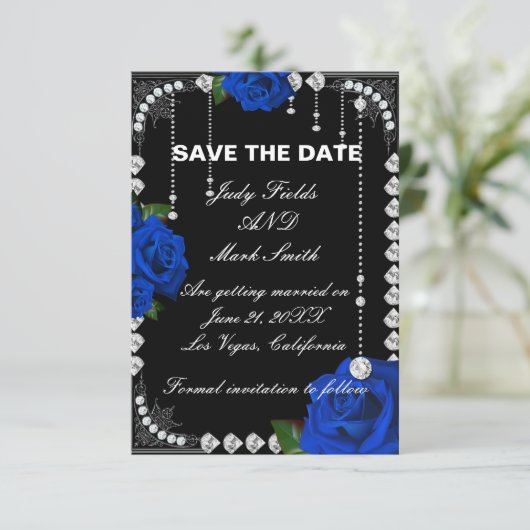 Romantische blauwe Rozen en diamanten slaan de dat Save The Date (Staand voorkant)