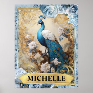 Romantische blauwe rozen en pauwfantasie poster