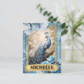 Romantische Blauwe Rozen en Peacock Fantasy Briefkaart (Staand voorkant)