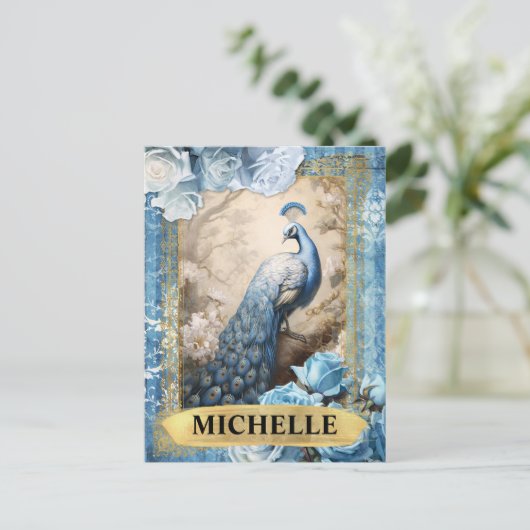 Romantische Blauwe Rozen en Peacock Fantasy Briefkaart (Staand voorkant)