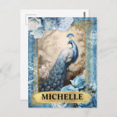 Romantische Blauwe Rozen en Peacock Fantasy Briefkaart (Voorkant / Achterkant)